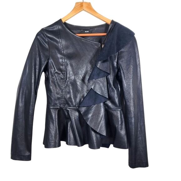 Zuiki Black Ruffled Italian Moto Peplum Style Faux Leather Jacket Size Medium - Picture 1 of 8